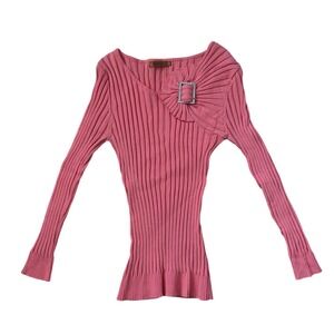 VTG Y2K bubblegum Pink pleated longsleeve rhinestone beaded buckle detail‎ Small